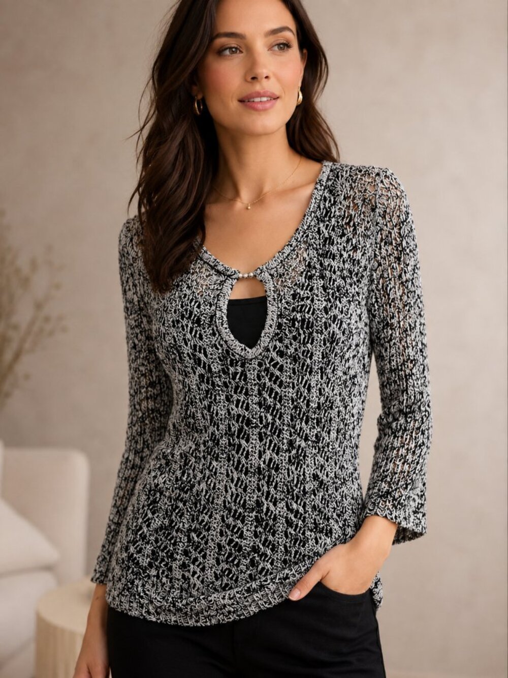 St. John Sport Crochet Open Knit Sweater Black White Beaded Keyhole S